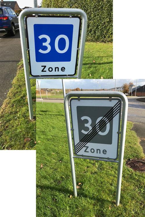 TDJ Skilte - zoneskilt 30 km/t E53 E54 - skilt vejskilt på lav galge oplysningstavle - Trafikgummi.dk TDJ Skilte - zoneskilt 30 km/t E53 E54 - skilt vejskilt på lav galge oplysningstavle - Trafikgummi.dk